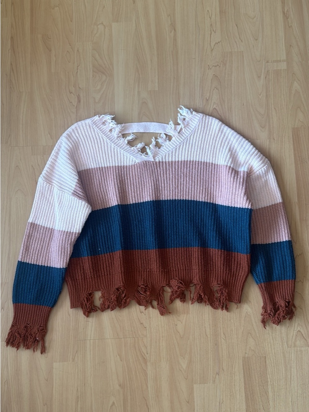 SHEIN Striped Distressed Knit Sweater